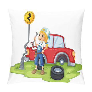 Personality  A Female Mechanic Fixing The Red Broken Car Pillow Covers