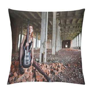 Personality  Red Haired Punk Girl Wear On Black And Red Skirt, With Bass Guit Pillow Covers