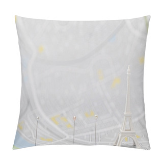 Personality  Selective Focus Of Pins Near Small Eiffel Tower Figurine On Map Of Paris  Pillow Covers