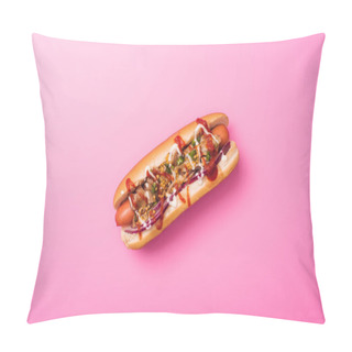 Personality  Top View Of One Tasty Hot Dog On Pink Pillow Covers