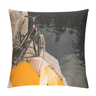 Personality  High Angle View Of Mountain Bicycles And Travel Tent On Rocky Cliff Over River  Pillow Covers