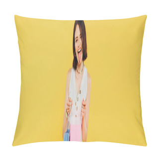 Personality  Panoramic Shot Of Fashionable Girl With Shopping Bags Showing Tongue Isolated On Yellow Pillow Covers