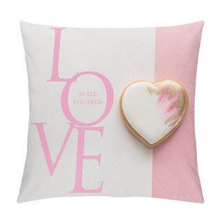 Personality Top View Of Glazed Heart Shaped Cookie On Pink Surface Pillow Covers