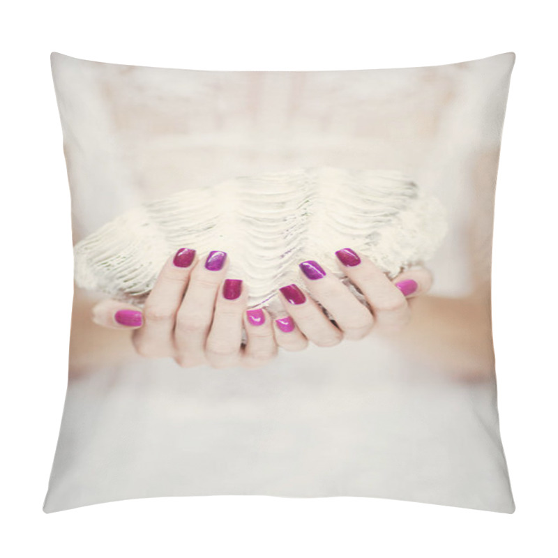 Personality  Beautiful woman hands with perfect pink nail polish holding giant clam, can be used as background pillow covers