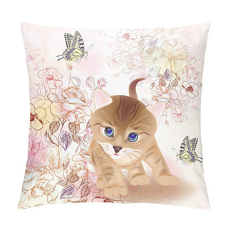 Personality  Retro Birthday Greeting Card With Little Tabby Kitten ,flowers Pillow Covers