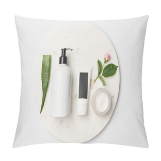 Personality  Top View Of Different Cosmetic Containers, Aloe Vera Leaf And Rose Flower On White Round Surface Pillow Covers