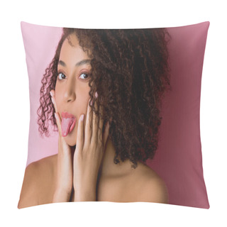 Personality  Portrait Of Funny African American Girl Sticking Tongue Out On Pink Pillow Covers
