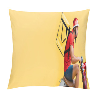 Personality  Side View Of Delivery Man With Backpack Riding Red Scooter On Yellow, Banner Pillow Covers