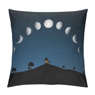 Personality  Moon Phases. Night Landscape With Trees And House. Pillow Covers