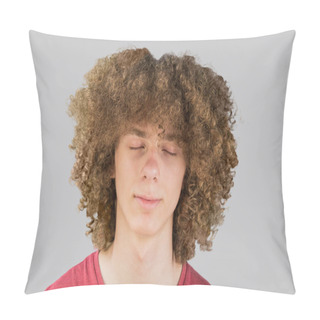 Personality  Portrait Of A Young Curly European Man With Long Curly Hair And Closed Eyes Close Up Dreaming. Very Lush Male Hair. Curling Hair For Men. A Lock Of Passion. Isolated On Gray Background Pillow Covers