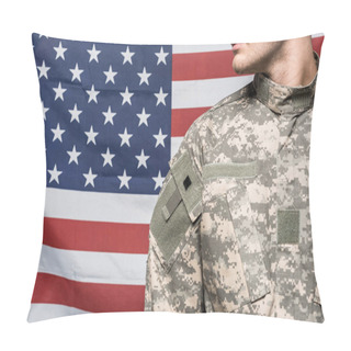 Personality  Cropped View Of Man In Military Uniform Near Flag Of America Pillow Covers