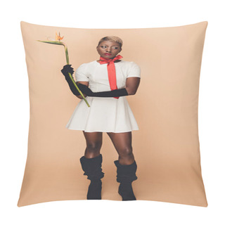 Personality  Fashionable African American Girl In Black Gloves Posing With Strelitzia Flower On Beige Pillow Covers