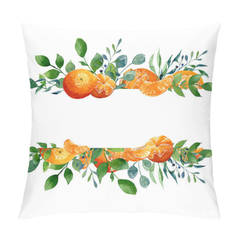 Personality  Horizontal botanical frame of watercolor tropical fruits and greenery. Pattern with mandarins, peeled, slices and green leaves. Food design for wrapping or invitation with place for text. Print with natural organic elements pillow covers