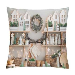 Personality  Decoration Of Shelves And Walls In Kitchen For New Year. Christmas Decor. Pillow Covers