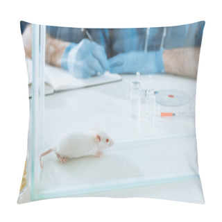 Personality  Cropped View Of Veterinarian In Latex Gloves Writing In Notebook Near White Mouse In Glass Box, Ampules And Containers Mith Medicines Pillow Covers