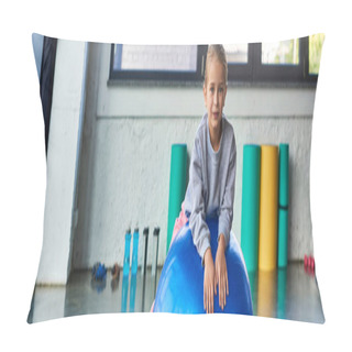Personality  Cute Little Girl In Sportswear Lying On Fitness Ball And Smiling At Camera, Child Sport, Banner Pillow Covers