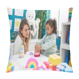 Personality  Teacher And Toddler Playing With Toys Sitting On Table At Kindergarten Pillow Covers