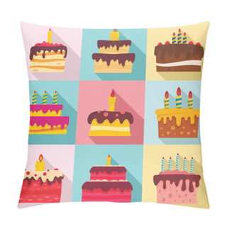 Personality  Cake Birthday Icon Set, Flat Style Pillow Covers