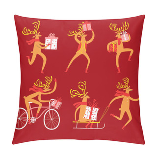 Personality  Christmas Illustration Set Of Cute Deers With Present Boxes.  Pillow Covers