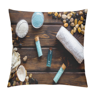 Personality  Spa Set Bar Of Sea Cosmetics - Aroma Oil And Blue Salt. Above View Pillow Covers
