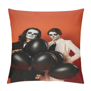 Personality  Dia De Los Muertos Party, Spooky Couple In Skull Makeup Looking At Camera Near Black Balloons On Red Pillow Covers