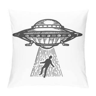 Personality  UFO Flying Saucer Kidnaps Human Person Engraving Vector Illustration. Scratch Board Style Imitation. Black And White Hand Drawn Image. Pillow Covers