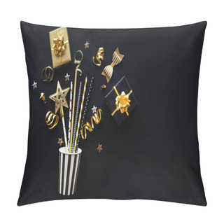 Personality  Party And Celebration With Golden Prop And Ornament On Dark Color Background.Flat Lay Design Pillow Covers