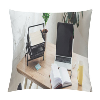 Personality  Notebook, Laptop With Blank Screen And Cup On Working Table, Panoramic Shot Pillow Covers
