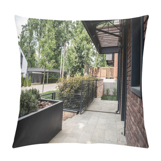 Personality  Real Estate Market, Cottage Town, Green Area, Brick House, Metal Fence Pillow Covers