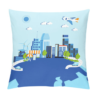 Personality Urban Landscape Vector Illustration In Flat Style. Modern City Buildings Pillow Covers