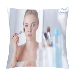 Personality  A Picture Of A Young Woman Applying Face Powder In The Bathroom Pillow Covers