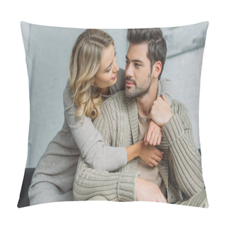 Personality  Attractive Young Woman Embracing Her Boyfriend On Couch At Home Pillow Covers
