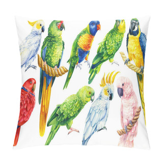 Personality  Set Of Parrots, Birds On An Isolated White Background, Watercolor Illustration, Hand Drawing Pillow Covers