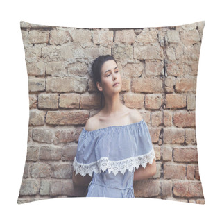 Personality  Young Lady With Pale Skin Standing In Front Brick Wall Pillow Covers