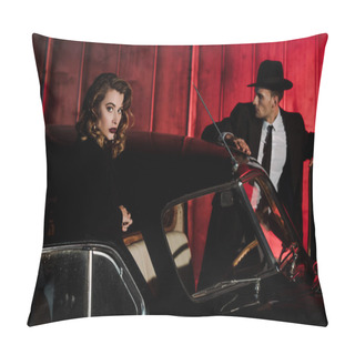 Personality  Selective Focus Of Attractive Woman Standing Near Retro Car And Man In Hat  Pillow Covers