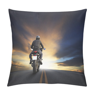 Personality  Young Man Riding Big Bike Motocycle On Asphalt High Way Against Pillow Covers