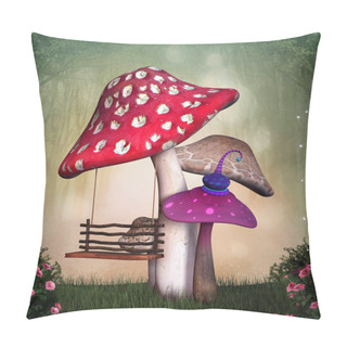 Personality  Fantasy Garden With Colorful Mushrooms And A Swing  3D Illustration Pillow Covers