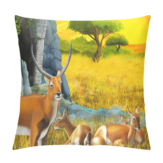 Personality  Cartoon Safari Scene With Antelope Family On The Meadow Near The Mountain Illustration For Children Pillow Covers