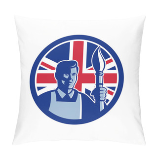Personality  Icon Retro Style Illustration Of A British Fine Artist Or Painter Holding Paint Brush With United Kingdom UK, Great Britain Union Jack Flag Set Inside Circle On Isolated Background. Pillow Covers