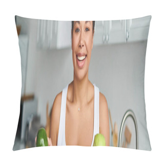 Personality  Banner Of African American Woman With Measuring Tape And Fruits Promoting Healthy Diet In Kitchen Pillow Covers