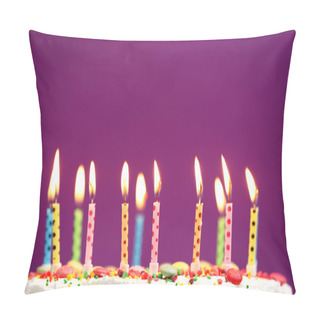 Personality  Birthday Cake With Candles On Purple Background Pillow Covers