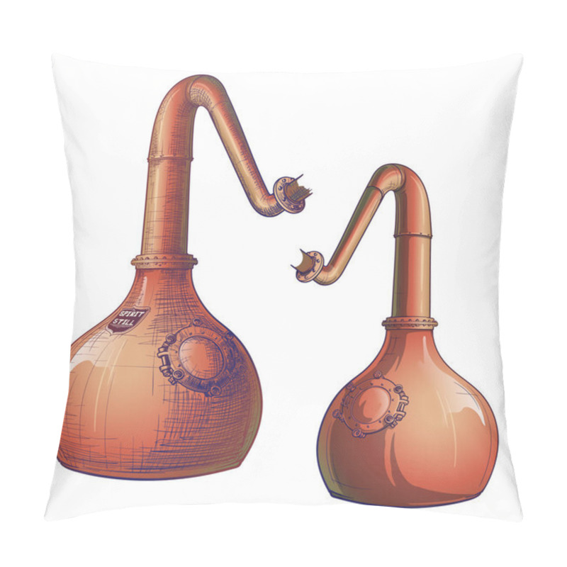 Personality  Whiskey From Grain To Bottle. A Swan Necked Copper Stills. Painted Sketch Style Drawing. Pillow Covers