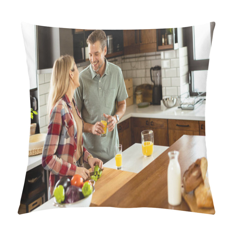Personality  A Pair Enjoying A Lighthearted Conversation With Fresh Juice And A Healthy Breakfast Spread On The Counter. Pillow Covers