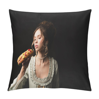 Personality  Pretty Woman In Elegant Retro Dress Holding Delicious Hot Dog Isolated On Black Pillow Covers