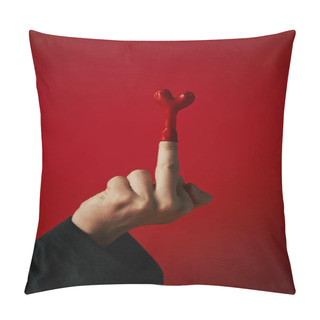 Personality  Cropped Shot Of Provocative Man Showing Middle Finger With Balloon On Red Background, 14 February Pillow Covers