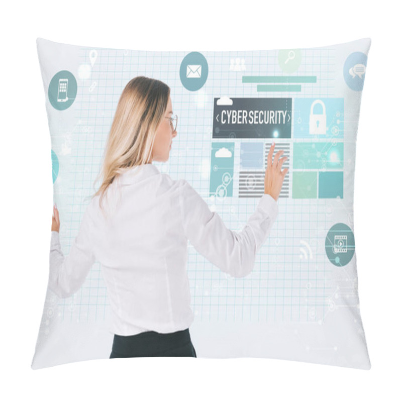 Personality  back view of businesswoman in eyeglasses pointing at cyber security signs isolated on white, information security concept pillow covers