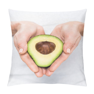 Personality  Cropped View Of Mature Woman Holding Ripe Avocado On Grey Background  Pillow Covers
