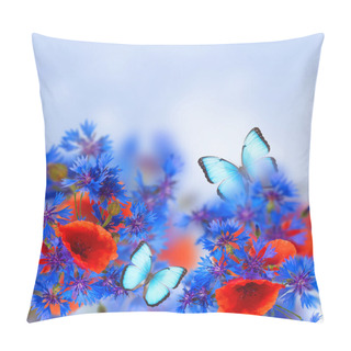 Personality  Summer Field Flowers With Blue Butterflies, With Copy Space Pillow Covers