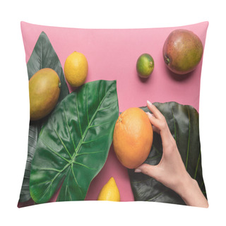Personality  Cropped View Of Woman Holding Grapefruit Near Whole Ripe Tropical Fruits With Green Leaves On Pink Background Pillow Covers