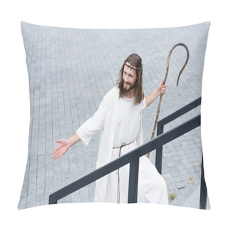 Personality  High Angle View Of Cheerful Jesus In Robe And Crown Of Thorns Walking On Stairs With Staff And Showing Hand Pillow Covers